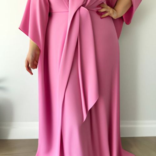 Roze Elegante Geplooide Crêpe Vrouwen Driedelige Plus Size Set Avond Abaya Jas Moslim Eid Tunique Femme Fabriek Aanpassen Handgemaakt